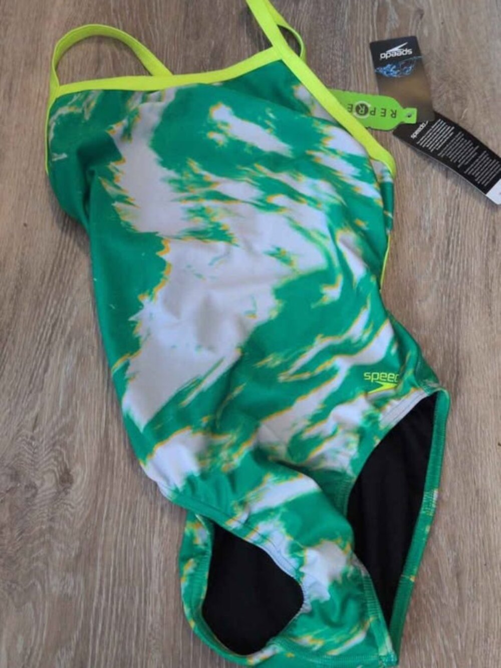 Speedo green white yellow swirl one-piece swimsuit size 8/34 new
